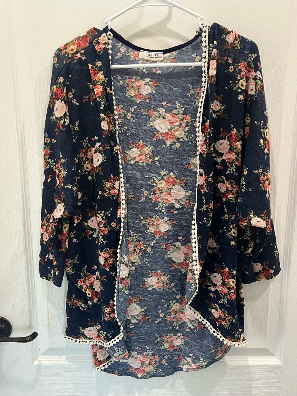 Mauve Navy Floral Open-Front Crochet-Trim Cardigan